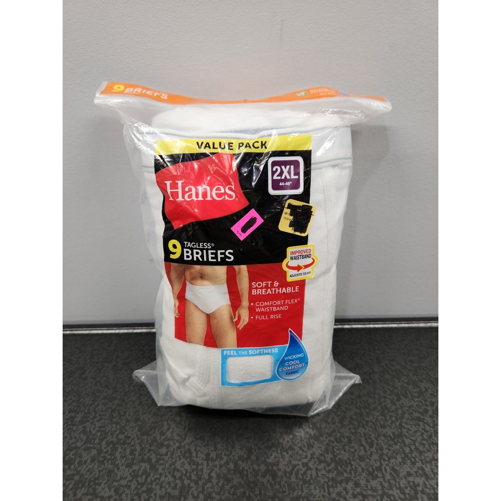 Hanes Mens 9-PkTagless Briefs White 2XL 44-46 Cotton Comfort Flex Waistband NIP